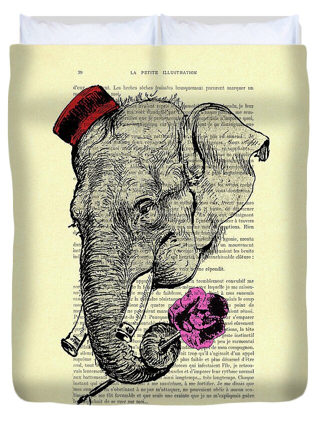 Elephant Duvet Cover featuring the digital art Elephant bellboy and pink rose by Madame Memento