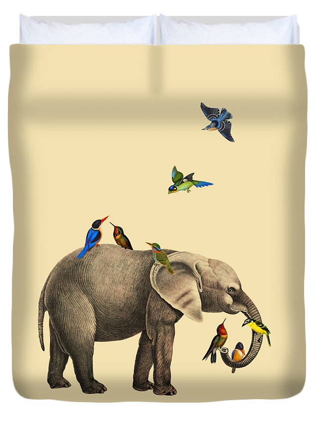 Elephant Duvet Cover featuring the digital art Elephant with bird friends by Madame Memento