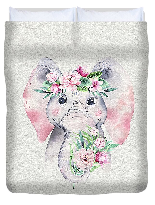 Elephant Duvet Cover featuring the painting Elephant With Flowers by Nursery Art