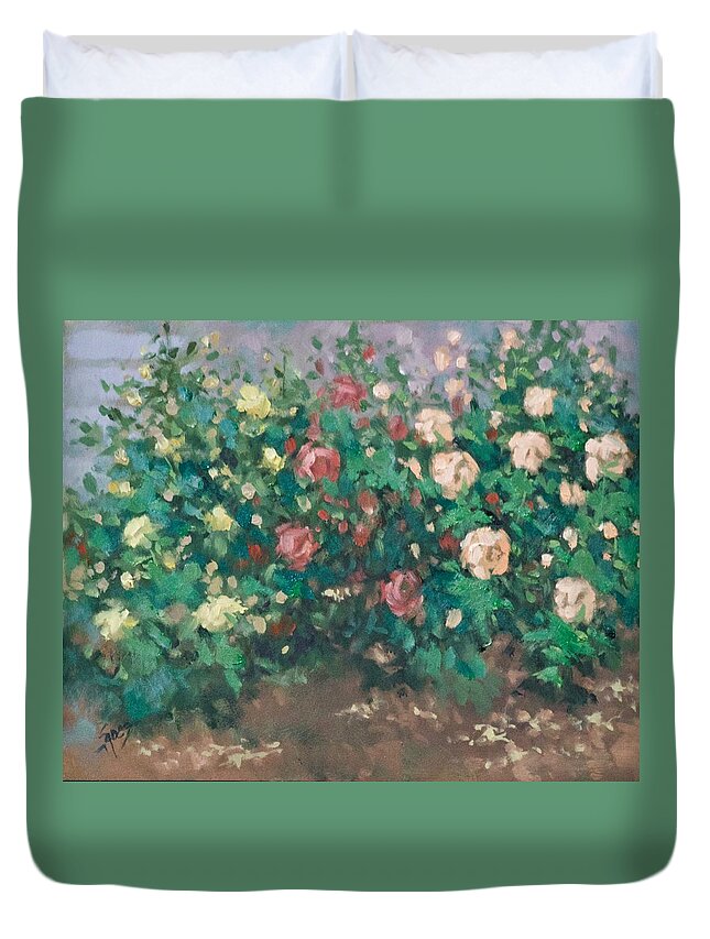 Roses Duvet Cover featuring the painting Elgin's Roses by Linda Eades Blackburn
