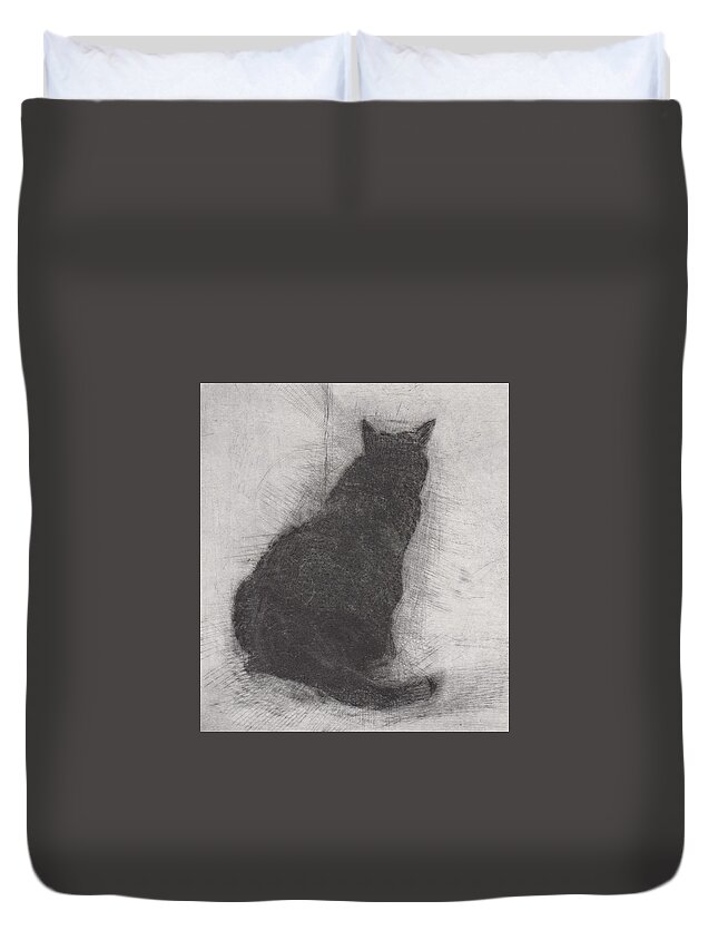 Cat Duvet Cover featuring the drawing Ellen Peabody Endicott - etching - cropped version by David Ladmore