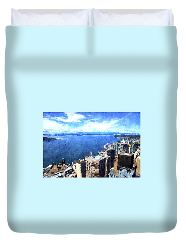 Columbia Center Duvet Cover featuring the digital art Elliott Bay Seattle by SnapHappy Photos