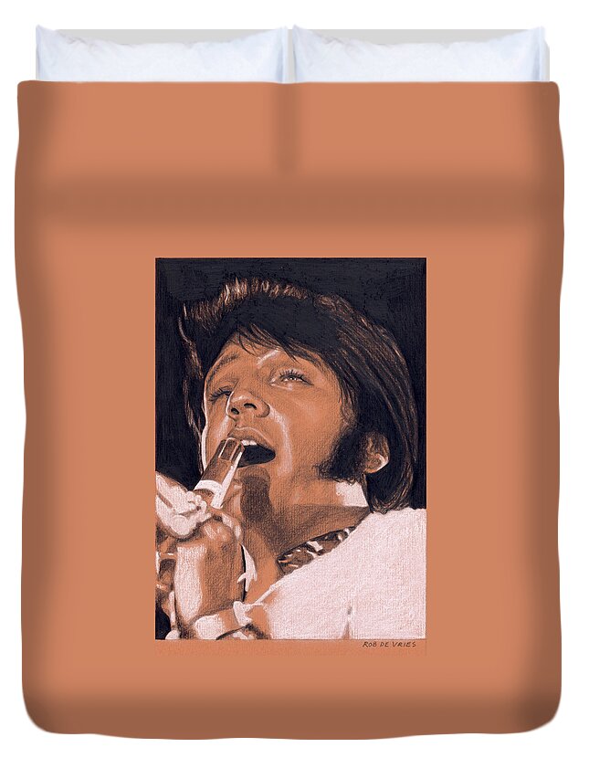 Elvis Duvet Cover featuring the drawing Elvis in Charcoal no. 243 by Rob De Vries