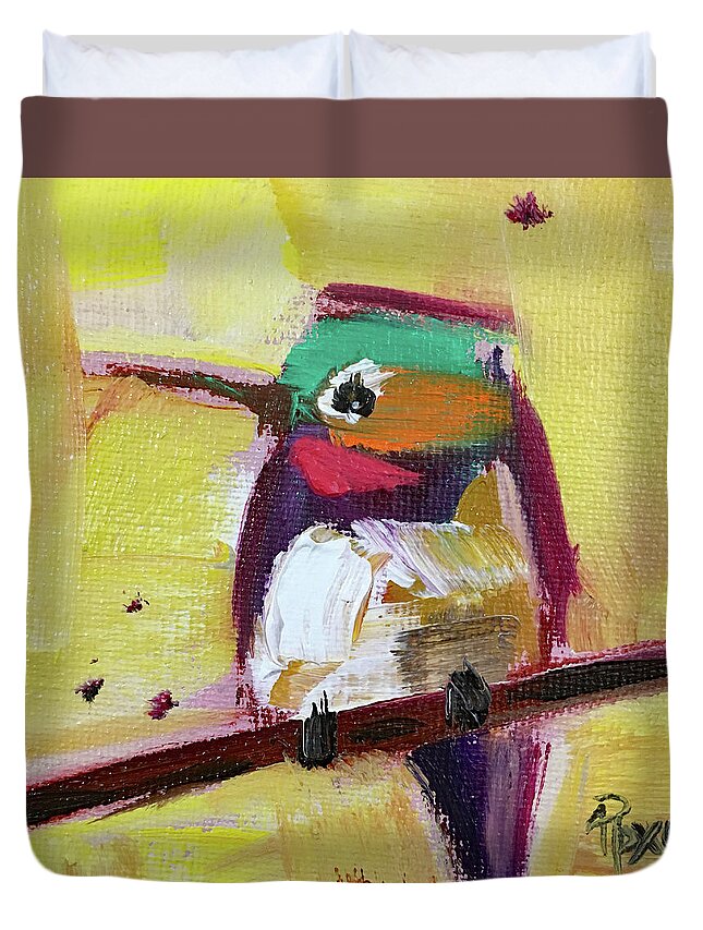 Hummingbird Duvet Cover featuring the painting Emerald Crested Hummingbird by Roxy Rich