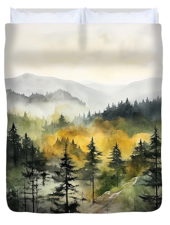 Evergreen Art Duvet Cover featuring the painting Emerald Embrace - Pine Forests Art by Lourry Legarde