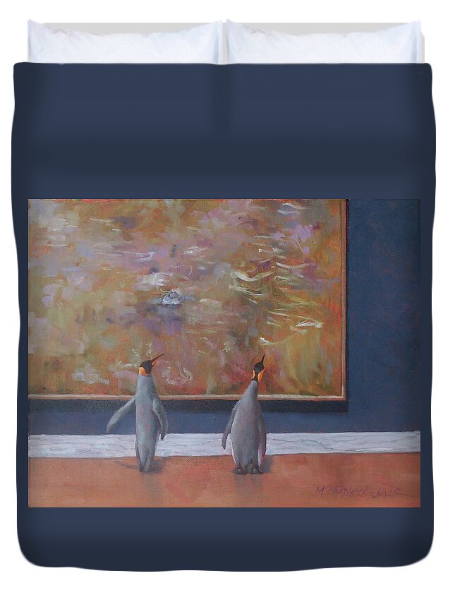 Emperor Penguins Duvet Cover featuring the painting Emperors Enjoy Monet by Marguerite Chadwick-Juner
