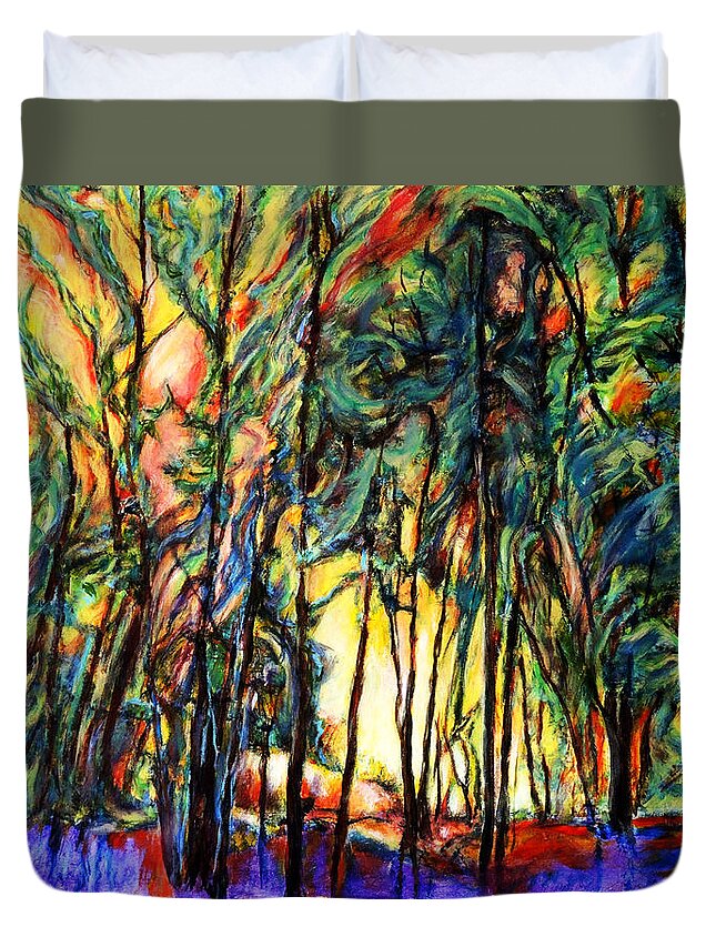 Acrylic Painting Enchanted Forest Sunset Scene Abstract Landscape Duvet Cover featuring the painting Enchanted Forest by John Bohn