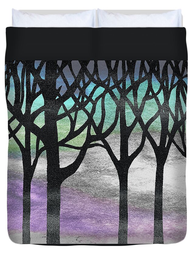 Abstract Forest Duvet Cover featuring the painting Enchanted Forest Watercolor Silhouette Trees Branches Turquoise Purple Wind by Irina Sztukowski