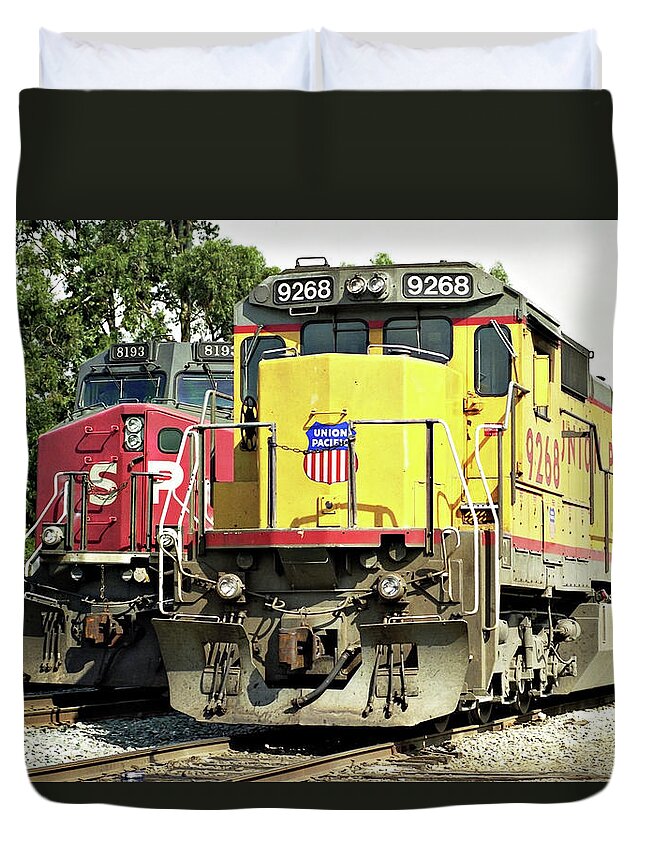End Of An Era Duvet Cover featuring the photograph End of an Era -- Southern Pacific and Union Pacific Locomotives in San Luis Obispo, California by Darin Volpe