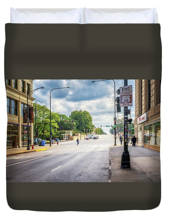 Route 66 Duvet Cover featuring the photograph End Route 66 Sign - Chicago, Illinois by Susan Rissi Tregoning