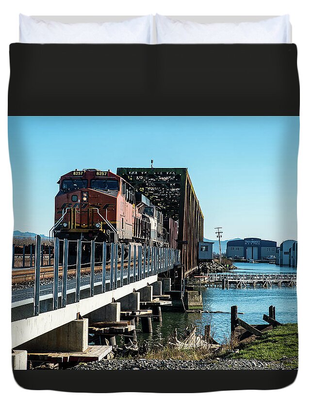 Engine 8257 Crossing Swinomish Channel Duvet Cover featuring the photograph Engine 8257 Crossing Swinomish Channel by Tom Cochran