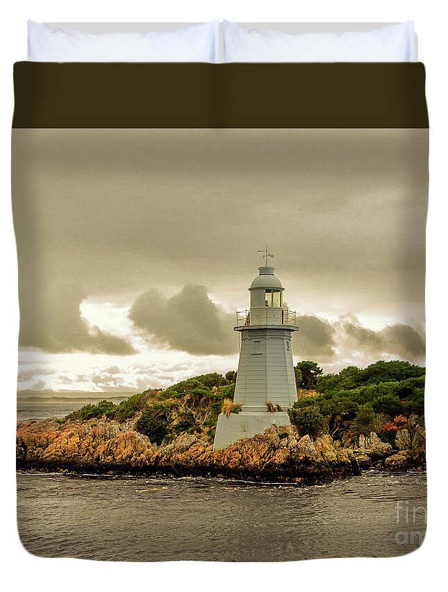 Iconic Duvet Cover featuring the photograph Entrance Island Lighthouse, MacQuarie Harbour, Tasmania, Australia by Elaine Teague