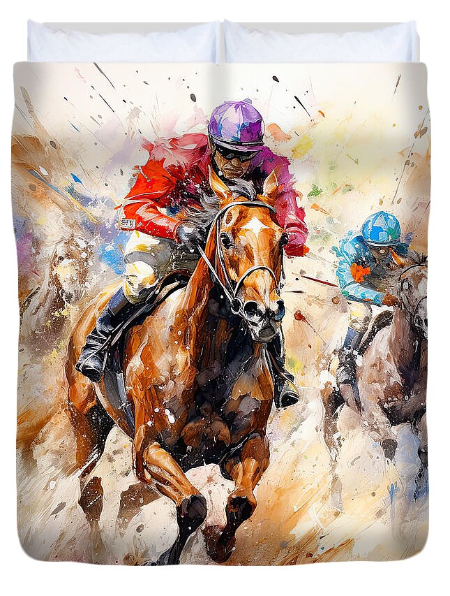 Horse Racing Duvet Cover featuring the painting Equine Explosion - Horse Racers Art by Lourry Legarde