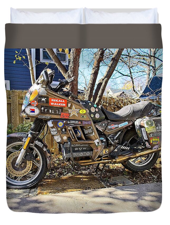 Motorbike Duvet Cover featuring the photograph Motobike with stickers 2 by Steven Ralser