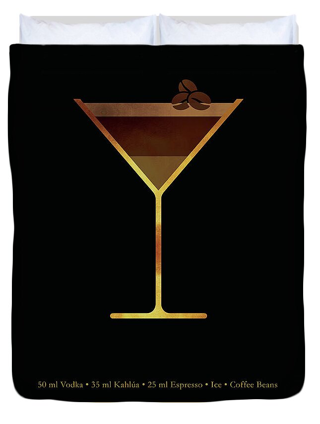 Espresso Martini Duvet Cover featuring the digital art Espresso Martini Cocktail - Classic Cocktail Print - Black and Gold - Modern, Minimal Lounge Art by Studio Grafiikka