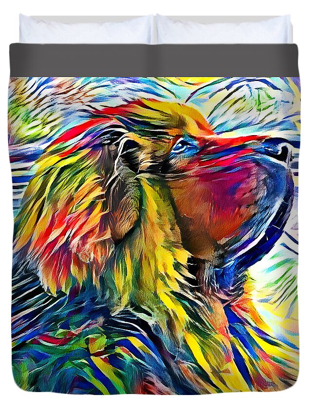 Tibetan Mastiff Duvet Cover featuring the digital art Tibetan Mastiff dog sitting profile - high contrast colorful painting by Nicko Prints