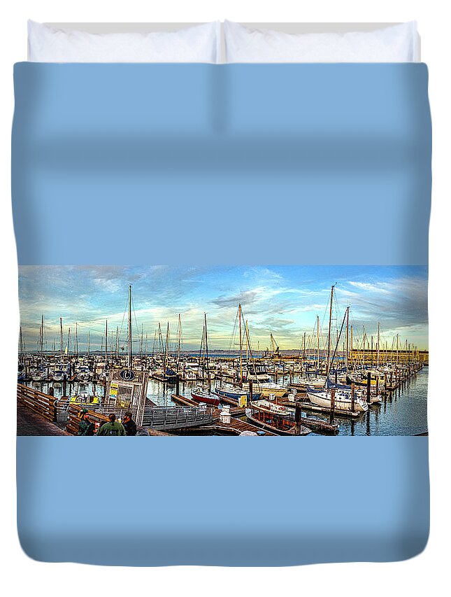 Evening At Pier 39 Marina Panorama Duvet Cover featuring the photograph Evening at Pier 39 Marina Panorama by Greg Reed