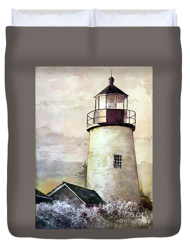Sunset At The Pemaquid Point Lighthouse In Maine. Duvet Cover featuring the painting Evening At The Light by Monte Toon