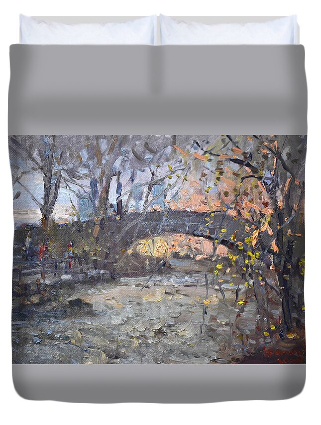 Goat Island Duvet Cover featuring the painting Evening in Goat Island by Ylli Haruni