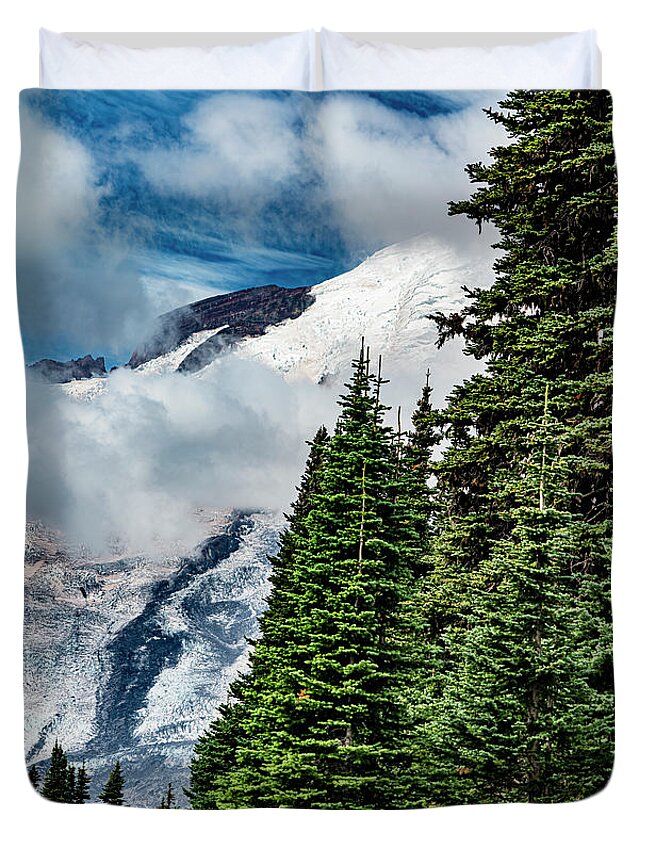 Evergreens Duvet Cover featuring the photograph Evergreens Mountains Clouds in Washington State by Bob Slitzan