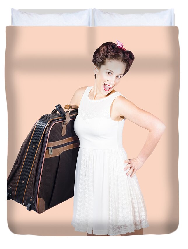 Vacation Duvet Cover featuring the photograph Excited retro backpacking girl holding baggage by Jorgo Photography