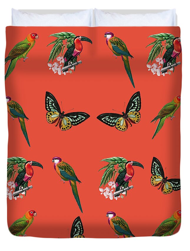 Jungle Duvet Cover featuring the mixed media Exotic Jungle Design On Orange by Johanna Hurmerinta