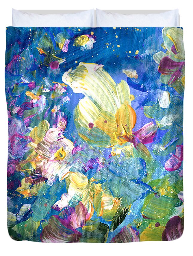 Flower Duvet Cover featuring the painting Explosion Of Joy 22 Dyptic 01 by Miki De Goodaboom