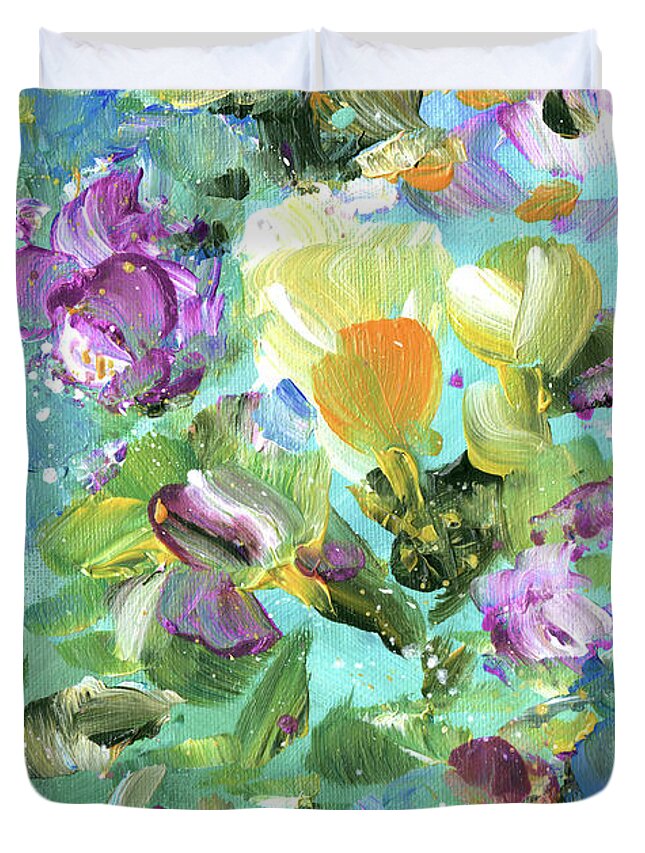 Flower Duvet Cover featuring the painting Explosion Of Joy 22 Dyptic 02 by Miki De Goodaboom
