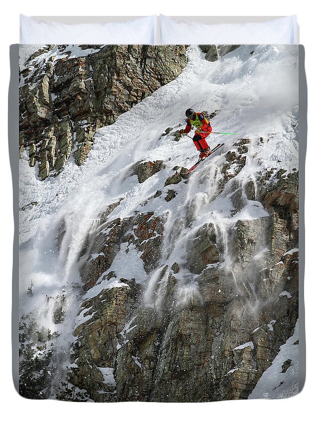 Utah Duvet Cover featuring the photograph Extreme Skiing Competition Skier - Snowbird, Utah by Brett Pelletier