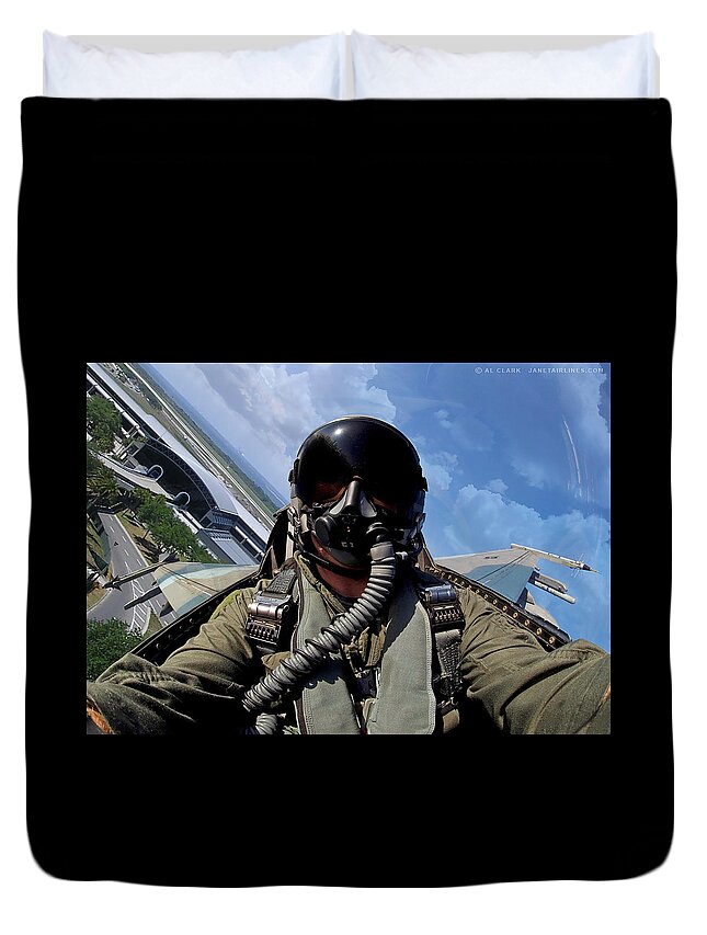 Falcon Duvet Cover featuring the digital art F-16N Over Tampa International by Custom Aviation Art