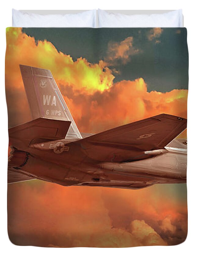 F-35 Duvet Cover featuring the digital art F-35 jet fighter skirting sunset thunderhead by James Vaughan