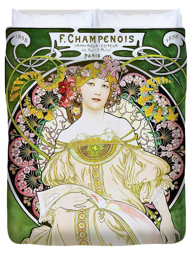 Alphonse Duvet Cover featuring the drawing F Champenois Paris Poster 1898 by Alphonse Mucha by M G Whittingham