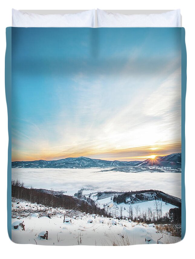 Trekking Duvet Cover featuring the photograph Fabulous cold sunrise in czech landscape by Vaclav Sonnek