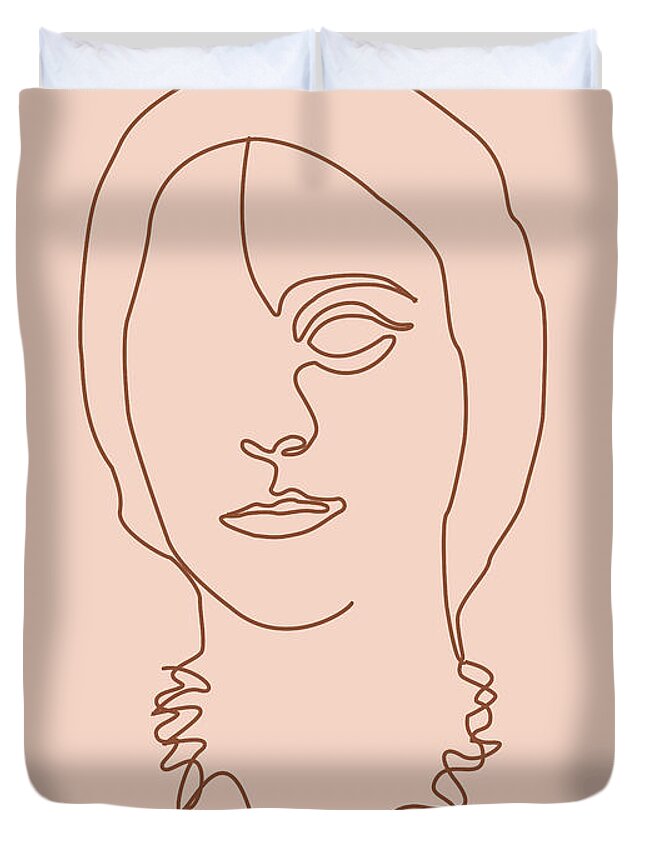 Portrait Duvet Cover featuring the mixed media Face 06 - Abstract Minimal Line Art Portrait of a Girl - Single Stroke Portrait - Terracotta, Brown by Studio Grafiikka