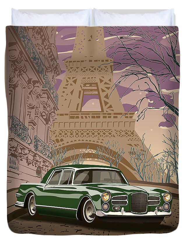 Art Deco Duvet Cover featuring the digital art Facel Vega - Paris est a nous. Classic Car Art Deco Style Poster Print Green Edition by Moospeed Art