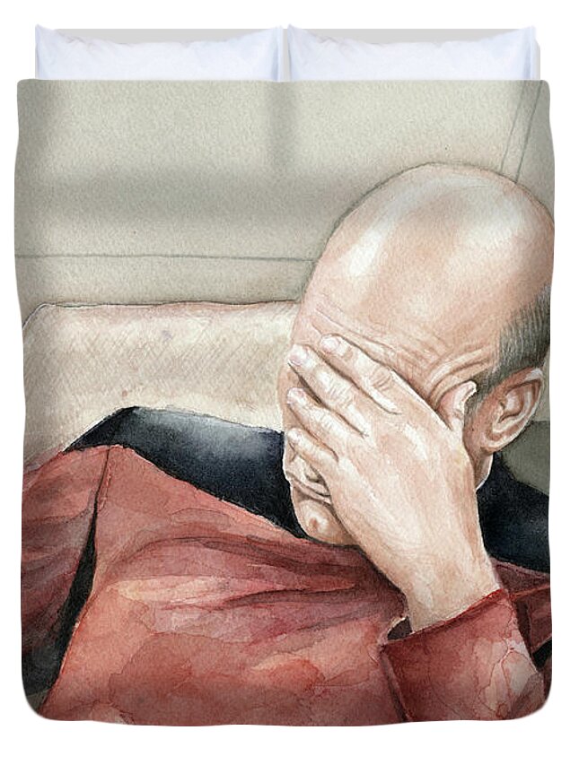 Facepalm Duvet Cover featuring the painting Facepalm by Olga Shvartsur