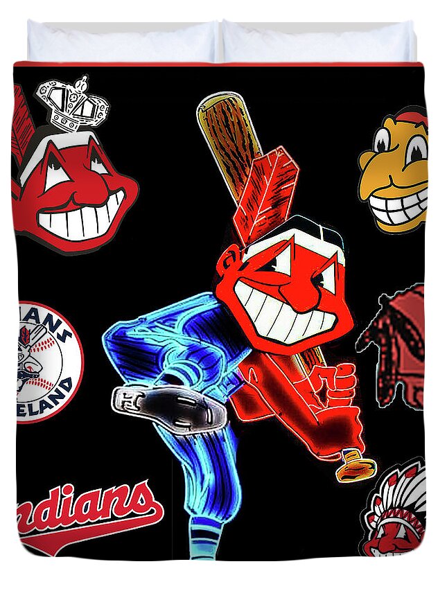 Chief Wahoo Duvet Cover featuring the mixed media Faces of the Cleveland Indians by Pheasant Run Gallery