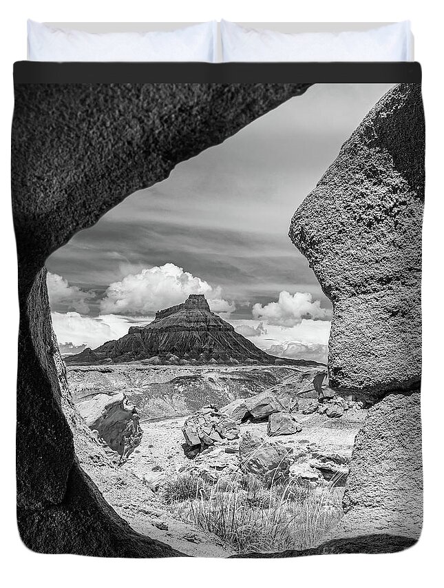 Factory Butte Duvet Cover featuring the photograph Factory Butte in black and white by Henk Meijer Photography