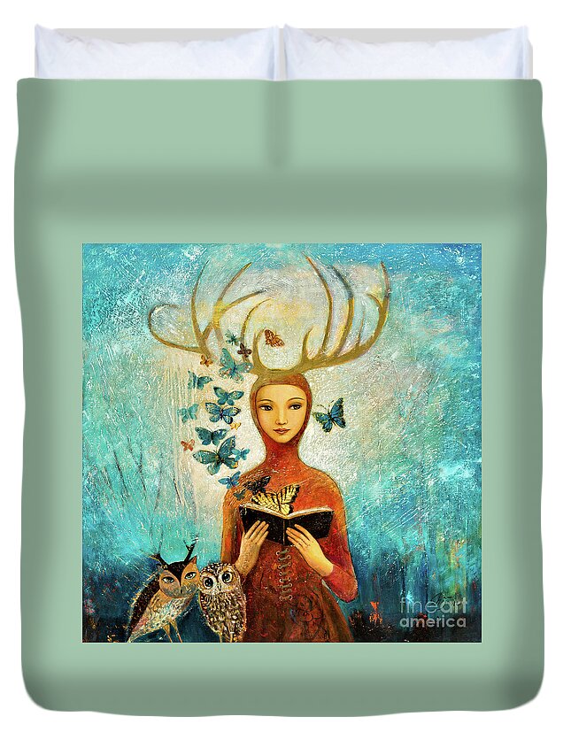  Duvet Cover featuring the painting Faerae Forest Story by Shijun Munns