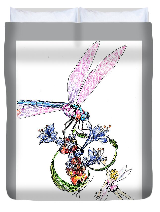 Bug Duvet Cover featuring the drawing Fairy and Dragonfly by Marnie Clark