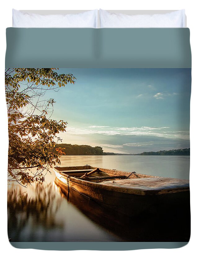 Rowboat Duvet Cover featuring the photograph Fairy-tale boat moored on the shore by Vaclav Sonnek