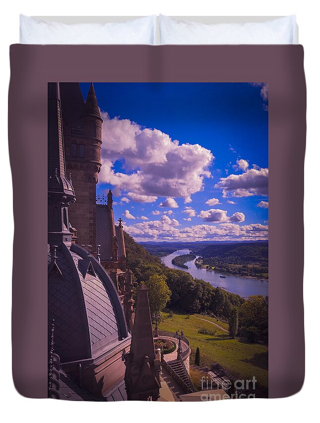 Castle Duvet Cover featuring the photograph Fairy tale view of the Rheine valley from the Drachenburg castle by Mendelex Photography