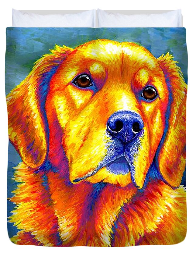 Golden Retriever Duvet Cover featuring the painting Faithful Friend - Colorful Golden Retriever Dog by Rebecca Wang