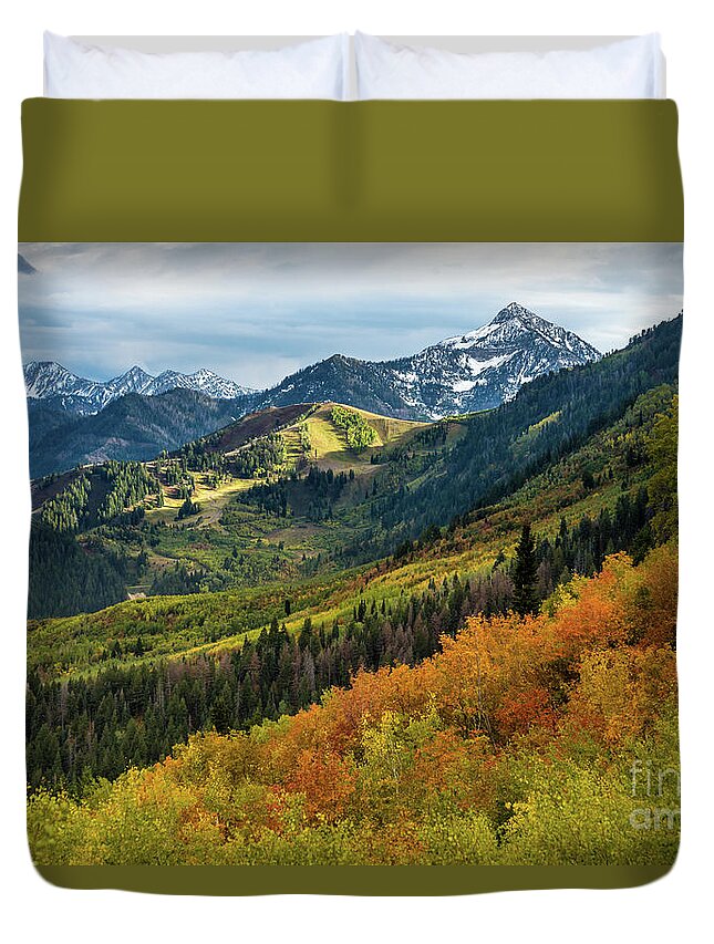 Wasatch Mountains Duvet Cover featuring the photograph Fall at Cascade Peak and Sundance from Alpine Loop 2 by Gary Whitton