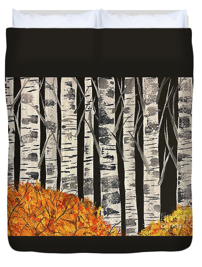 Fall Duvet Cover featuring the painting Fall Birches at Night by Lisa Neuman