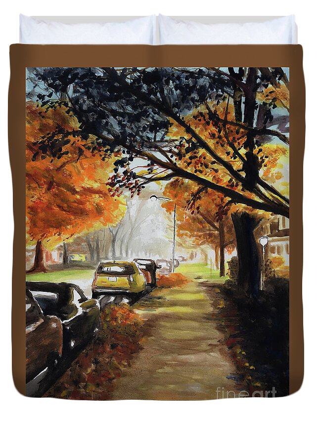 Watercolor Duvet Cover featuring the painting Fall Streets by James Ackley