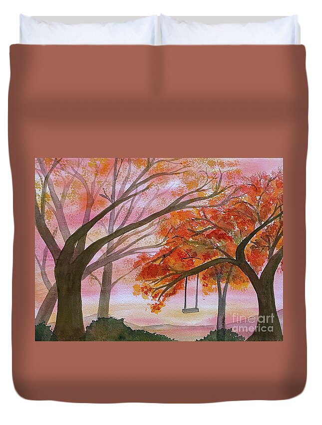 Fall Duvet Cover featuring the painting Fall Trees and Swing by Lisa Neuman