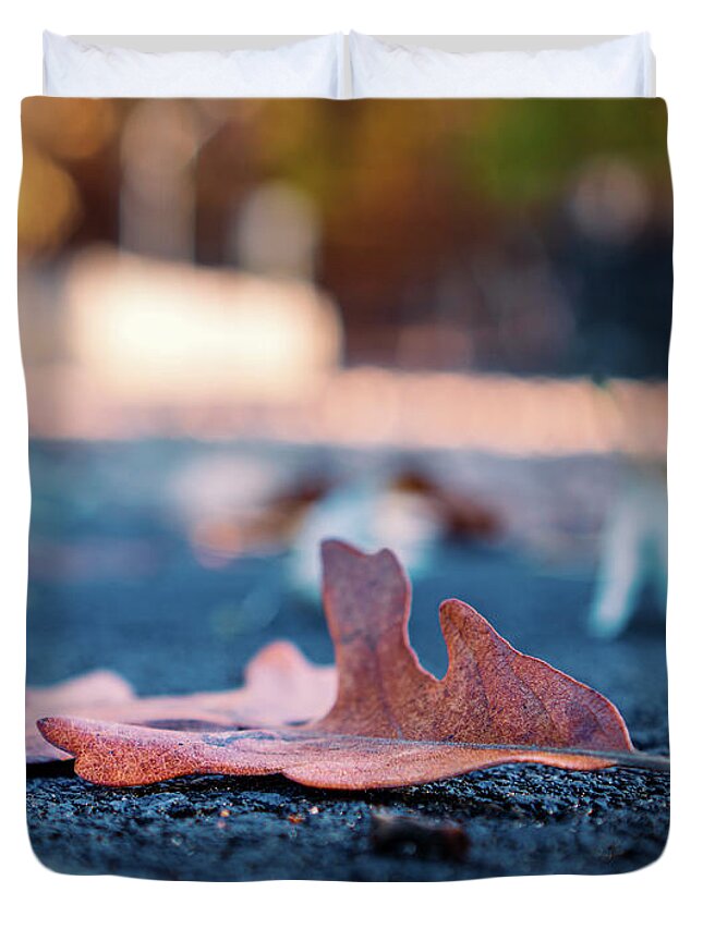 Autumn Duvet Cover featuring the photograph Fallen Leaf on Macadam by Jason Fink