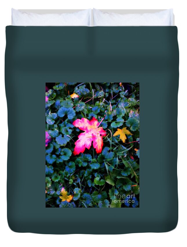 Abstract Duvet Cover featuring the photograph Falling Leaves Green Grass - Abstract Colors - Frank J Casella by Frank J Casella