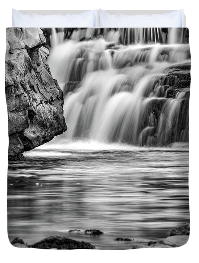 Sioux Falls Duvet Cover featuring the photograph Falls Park Cascades In Sioux Falls South Dakota - Black and White by Gregory Ballos